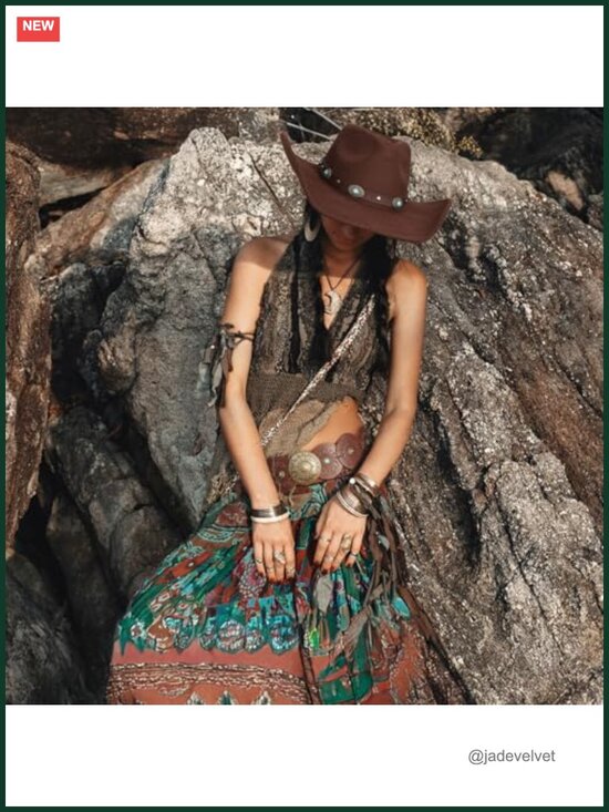 Western Wide Brim Suede Cowgirl Hat & PU Leather Belt Set with Turquoise main image 6